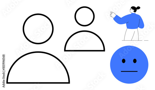 Social connection, emotional expression, communication, personal identity, user interaction, group dynamics. Two outlined user icons, a neutral blue face and a pointing figure. Social connection