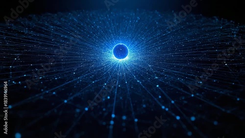 Glowing blue sphere with radiating lines and dots in dark digital network technology data