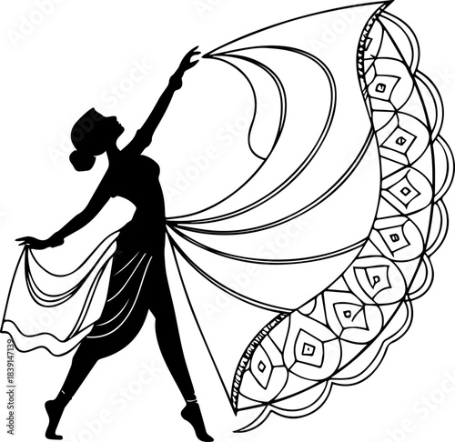 Dance Silhouette – Graceful Performer Holding Patterned Skirt in Elegant Motion Pose