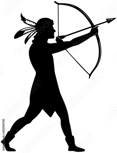 Archer Silhouette – Headdress Warrior Aiming Bow in Dynamic Shooting Stance