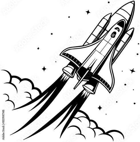 Rocket Silhouette – Shuttle Liftoff with Flames, Smoke, and Starry Sky Background