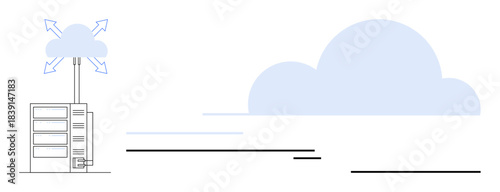 Data server connected to cloud via arrows symbolizing data transfer and networking. Ideal for cloud technology, data management, IT, scalability, storage solutions, communication, innovation. Simple