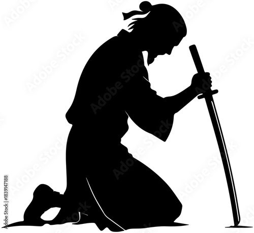 Samurai Silhouette – Warrior in Reverent Pose Holding Vertical Sword with Traditional Hairstyle and Garb