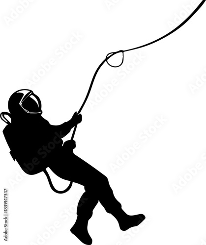 Adventure Silhouette – Helmeted Climber Hanging from Rope with Backpack in Dynamic Descent Pose
