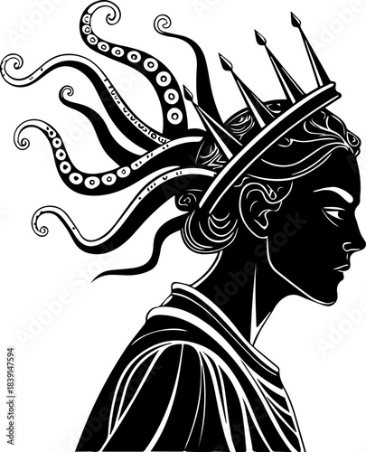 Foto Mythic Silhouette – Regal Woman with Tentacle Hair and Spiked Crown in Draped Ga