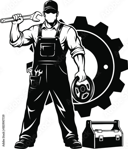 Mechanic worker holding wrench automotive repair illustration