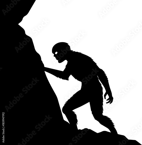 Cryptid Silhouette – Horned Humanoid with Glowing Eyes Scaling Rocky Cliff in Wilderness