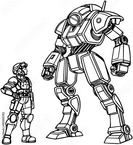 Tech Silhouette – Armored Pilot Standing Beside Giant Combat Mech with Circular Chest Core