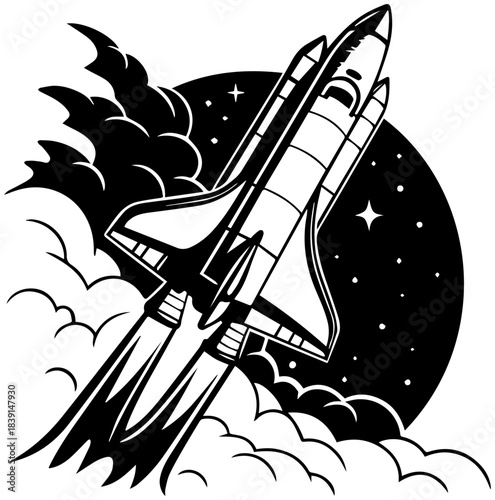 Rocket Silhouette – Shuttle Liftoff with Flames, Smoke, and Starry Sky Background