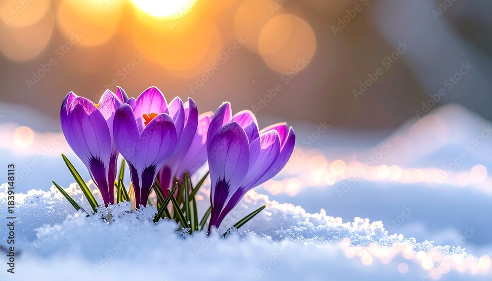 Obraz premium Purple crocus blooms emerging from snow