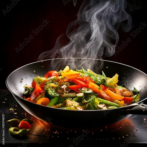 Fresh ingredients sizzling in a hot wok, creating steam and vibrant colors