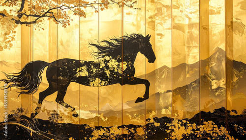 馬の年賀イメージ,金屏風の黒馬,年賀状イメージ,　AI生成画像