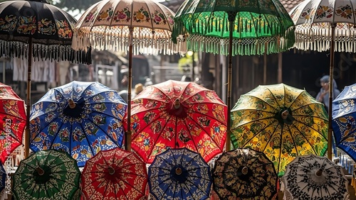 Vibrant Traditional Balinese Umbrellas Displayed in a Market.