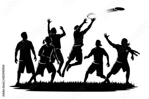 Energetic ultimate disc game with multiple players in action, jumping and reaching for the flying disc, symbolizing teamwork and competitive outdoor sport