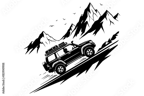 Dynamic illustration of a powerful off-road vehicle ascending a steep mountain slope, showcasing rugged adventure and thrilling exploration in a wild landscape