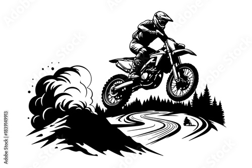 Dynamic Vector Illustration of a Fearless Motocross Rider Expertly Navigating a Challenging Dirt Track, Mid-Air After a Powerful Jump, Kicking Up Dust in an Exhilarating Off-Road Adventure