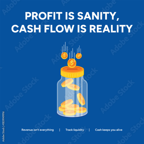 Jar with coins illustrating profit as sanity and cash flow as reality on blue background, emphasizing finance, liquidity, and decisionmaking in business