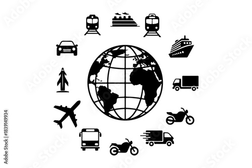 Global transportation network illustration showcasing diverse vehicle icons encircling the Earth, representing worldwide logistics, travel, and delivery systems for efficient connectivity