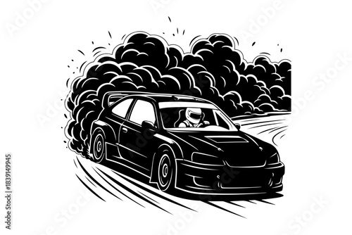 Dynamic illustration of a black sports car performing a drifting maneuver with billowing smoke
