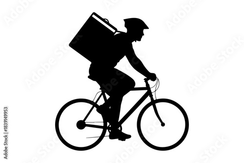 Silhouette of a delivery person on a bicycle, carrying a large insulated bag on their back, symbolizing fast and efficient food or package delivery services in urban environments