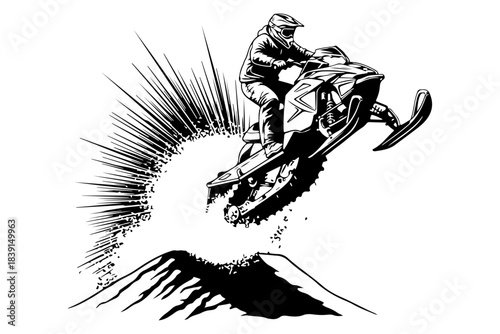 Dynamic monochrome vector illustration of an adventurous rider performing an exhilarating jump on a winter motor vehicle, capturing the thrill of extreme snow sports