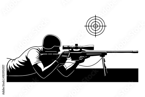 Sniper aiming rifle at target with scope, representing precision and focus in a stylized illustration