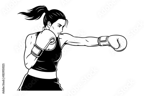 Dynamic black and white illustration of a determined female boxer throwing a powerful punch, showcasing strength, focus, and athletic prowess in a high-intensity sport