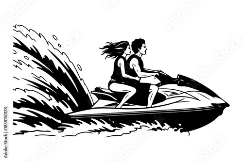 Dynamic illustration of an excited couple speeding across the water on a powerful jet ski, creating a large, dramatic splash and capturing the thrill of summer water sports and adventure