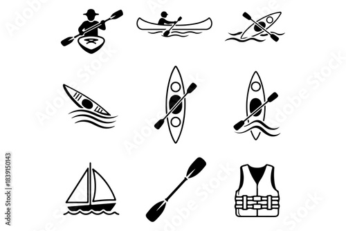 Stylized Black and White Icons Depicting Thrilling Water Sports Adventures, From Kayaking and Canoeing to Boating and Safety Gear