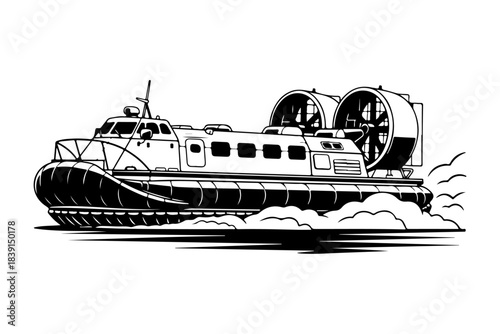 Monochrome vector artwork depicting a powerful hovercraft in motion, an advanced amphibious transport designed for swift travel over water and land