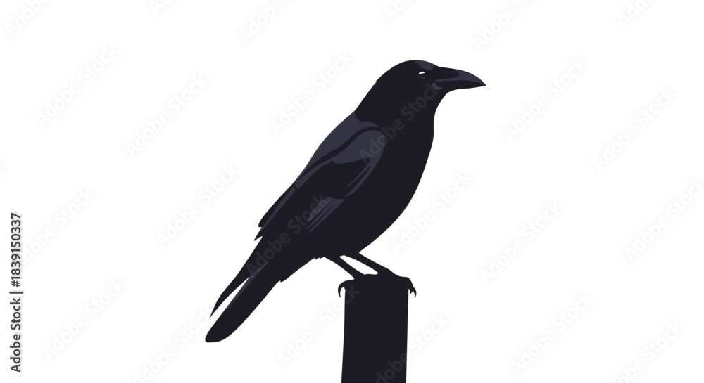 Obraz premium A striking minimalist illustration features a black crow with subtle purple and grey highlights perched confidently on a dark post against a clean white background.