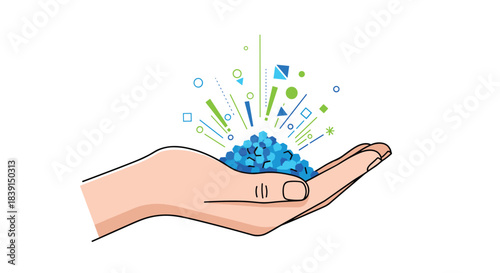 A human hand holds a vibrant pile of blue particles from which colorful abstract shapes and lines burst upwards, symbolizing innovation and data.