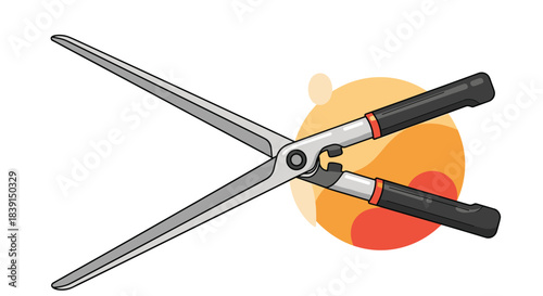 An illustration of open garden hedge shears with long silver blades and black and orange handles, positioned against a warm, abstract background.