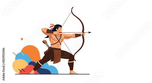 A strong, focused archer with traditional attire and a feathered headband expertly draws a bow and arrow, ready to strike a target.