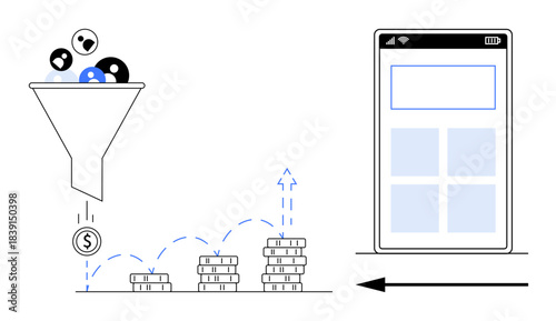 Customer conversion concept. Funnel showing user journey to revenue growth with mobile app interface. Customer conversion driving business success and app usability. For marketing, e-commerce, SaaS