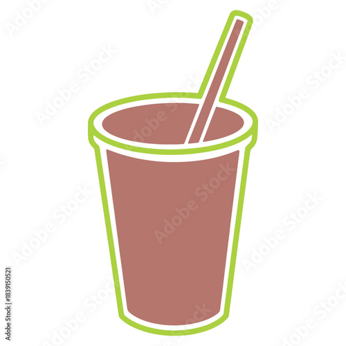 Simple graphic vector illustration of a disposable takeaway cup with a straw filled with a brown beverage outlined in bright green perfect for cafe menus fast food designs or refreshing drink concepts