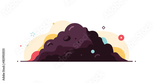 Abstract illustration of a dark pile of earth or compost, surrounded by vibrant, whimsical shapes and particles.