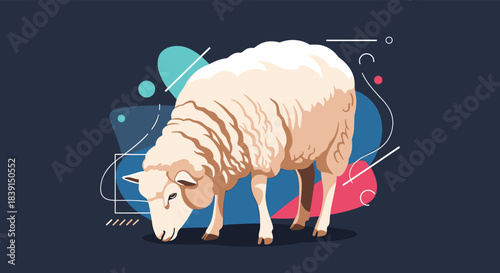 Modern vector illustration of a beige sheep grazing, with its head down, on a dark abstract background with colorful geometric shapes and minimalist lines.