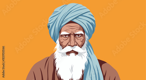 Close-up vector illustration of a distinguished elderly man with a long white beard and a traditional light blue turban, against a vibrant orange background.