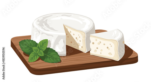 An illustration of a whole round of soft white cheese with a slice removed, a separate wedge, and fresh mint leaves on a rustic wooden cutting board.