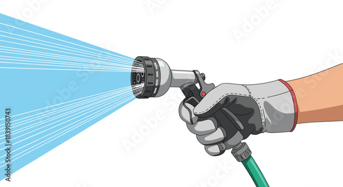A person wearing a protective glove operates a garden hose nozzle, directing a broad spray of water.