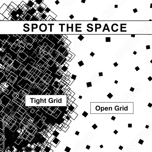 Visual comparison of a tight geometric grid versus an open scattered pattern with the phrase Spot the Space