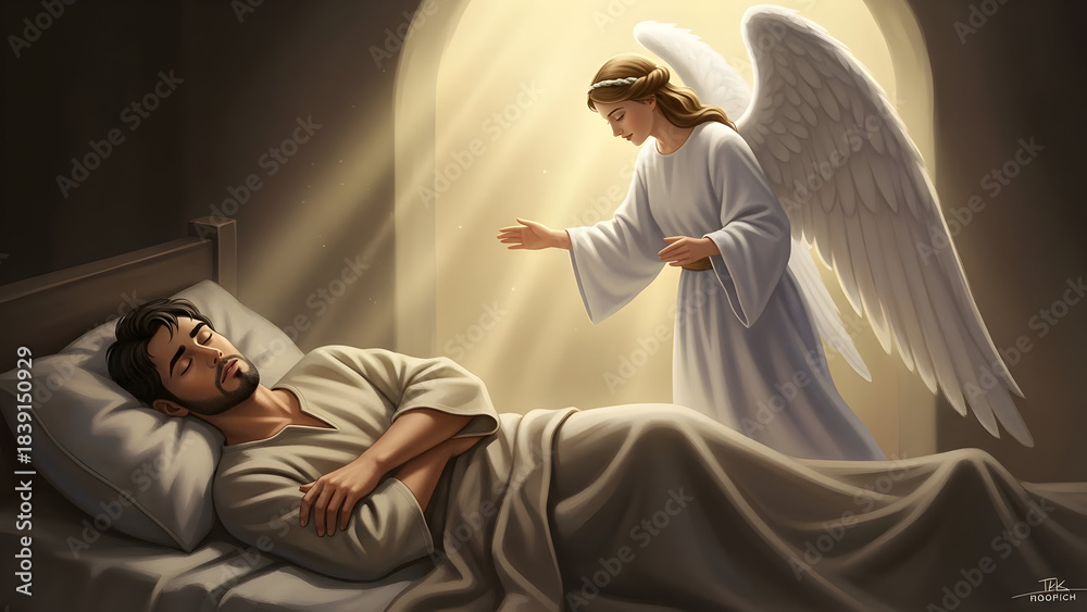 Fototapeta premium Ethereal Depiction of an Angel Appearing to Joseph in a Sacred Dream, Illuminating the Night with Divine Guidance, Comfort, and Heavenly Revelation