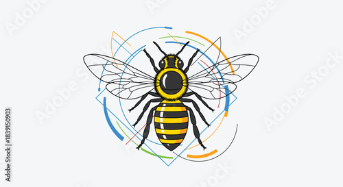 Detailed illustration of a honeybee with a vibrant, geometric, and circular abstract design, symbolizing nature and technology.