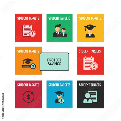 Student Targets Savings Plan Icons Including Graduation Cap, Dollar Signs, and Calendar for Financial Goals