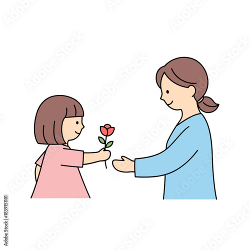 A girl gives her mother a flower vector illustration, child handing blossom to woman; suitable for Mother's Day, family celebrations, and parenting themes