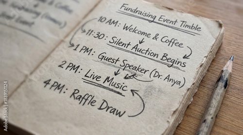 Brainstorming for nonprofits concept. Fundraising event schedule with times and activities listed in a notebook.