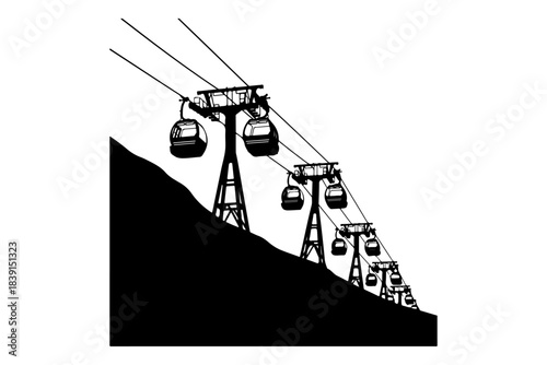 Aerial Tramway System Transporting People Up a Mountain Slope in a Black and White Silhouette