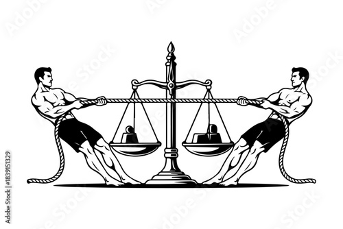Two muscular men engaged in a tug-of-war over a balanced scale, symbolizing competition and equilibrium in a black and white illustration