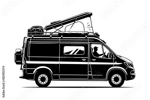 Black and white illustration of a camper van with a pop-top roof, roof rack, and spare tire, depicting a mobile home for adventurous travel and outdoor exploration